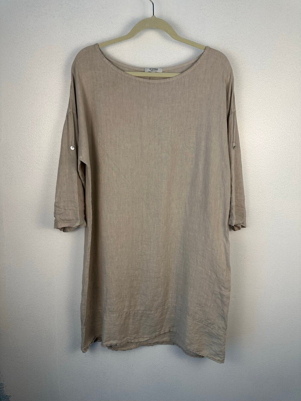 Rosemarie 100% linen shift dress dolman sleeves adjustable button-tab tie Large